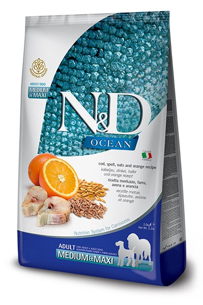 Farmina dog ocean cod spelt oats & orange - adult medium & maxi, 12 kg