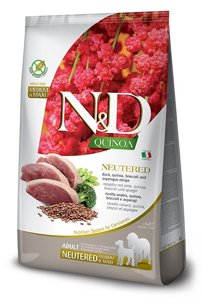 Farmina dog quinoa duck broccoli & asparagus neutered - adult medium & maxi, 12 kg